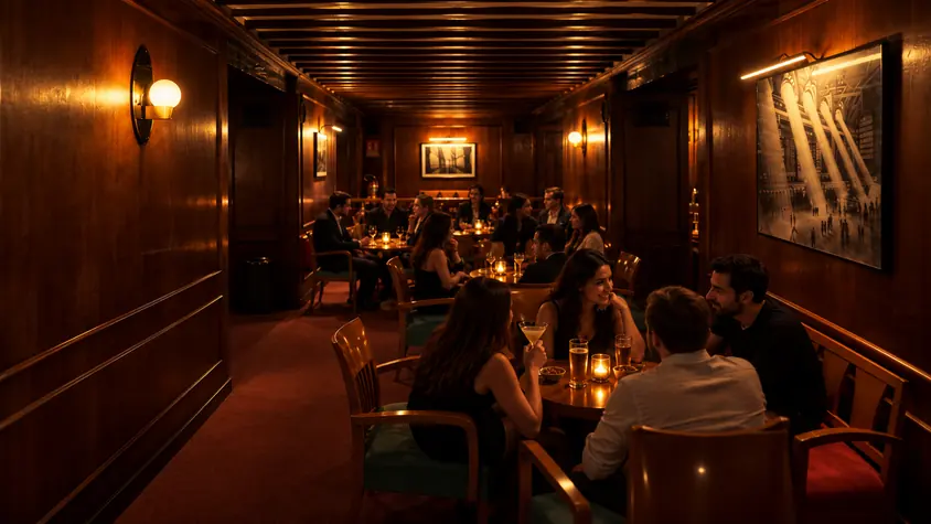 Personas conversando alrededor de mesas con velas en un salón con paredes de madera.